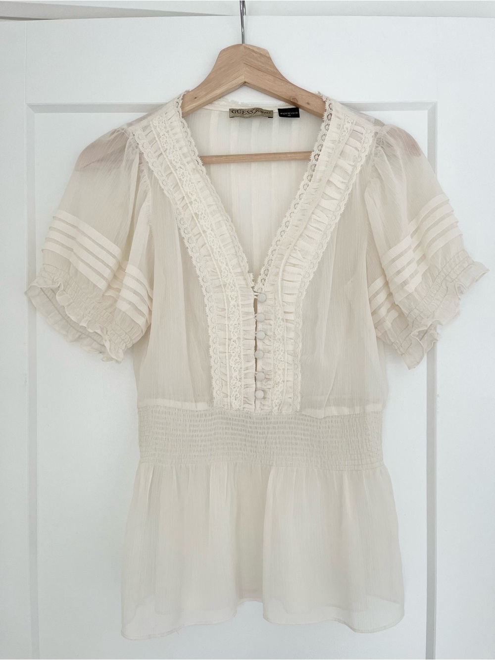 Y2K Sheer Cream Button Front Blouse